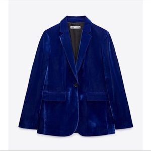 NWT Zara Ink Blue Fitted Velvet Blazer, Size Small